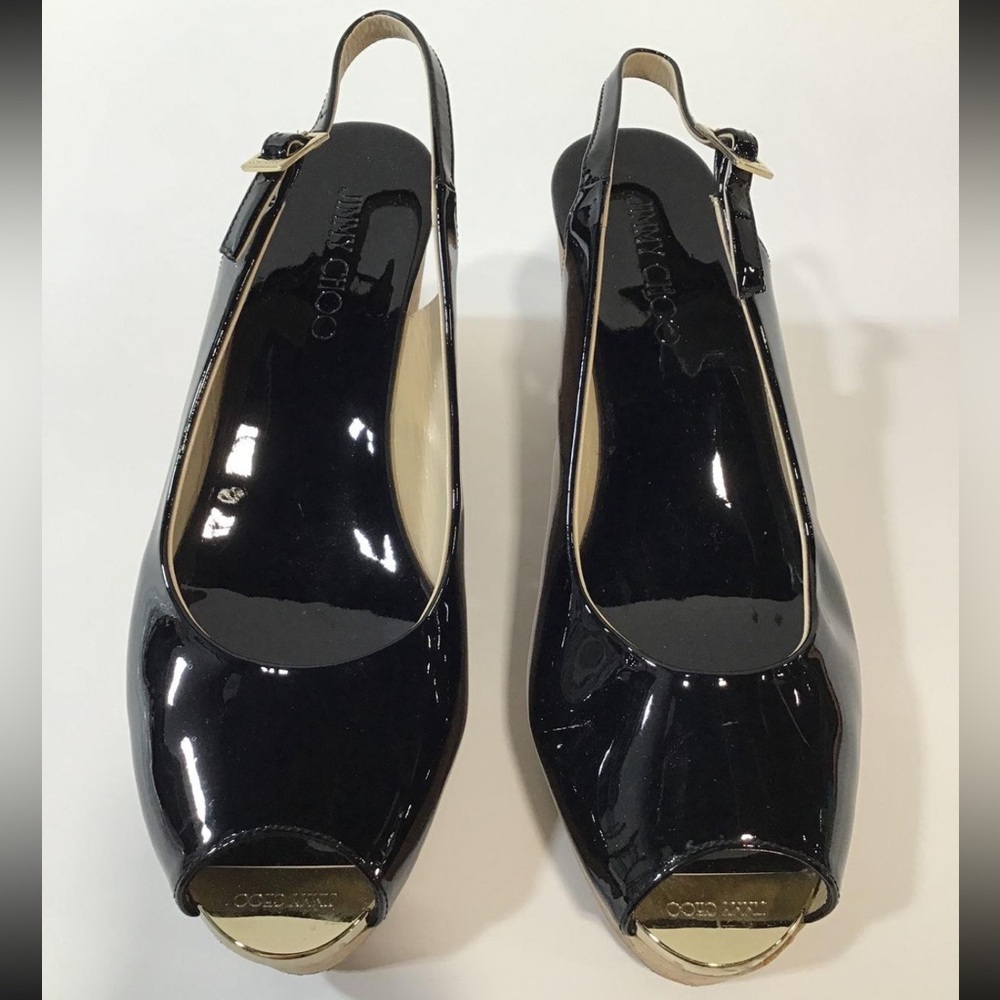 Women’s Jimmy Choo Black Patent Peep Toe Slingback Cork Wedges Size 41